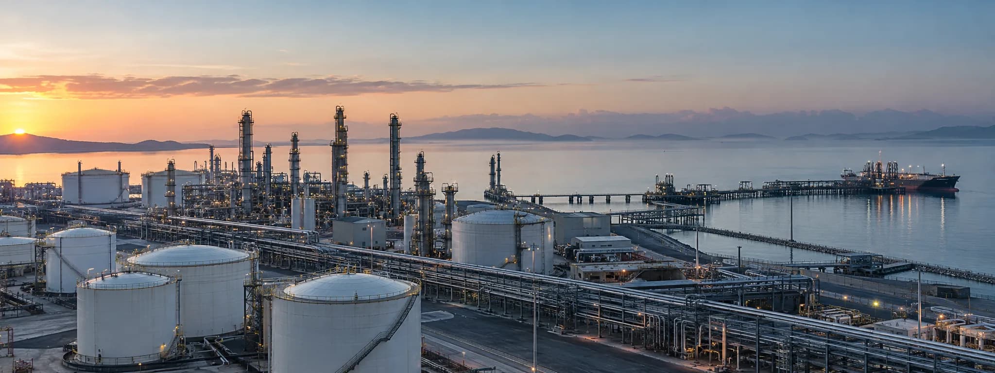 Coastal oil refinery and marine loading terminal at first light