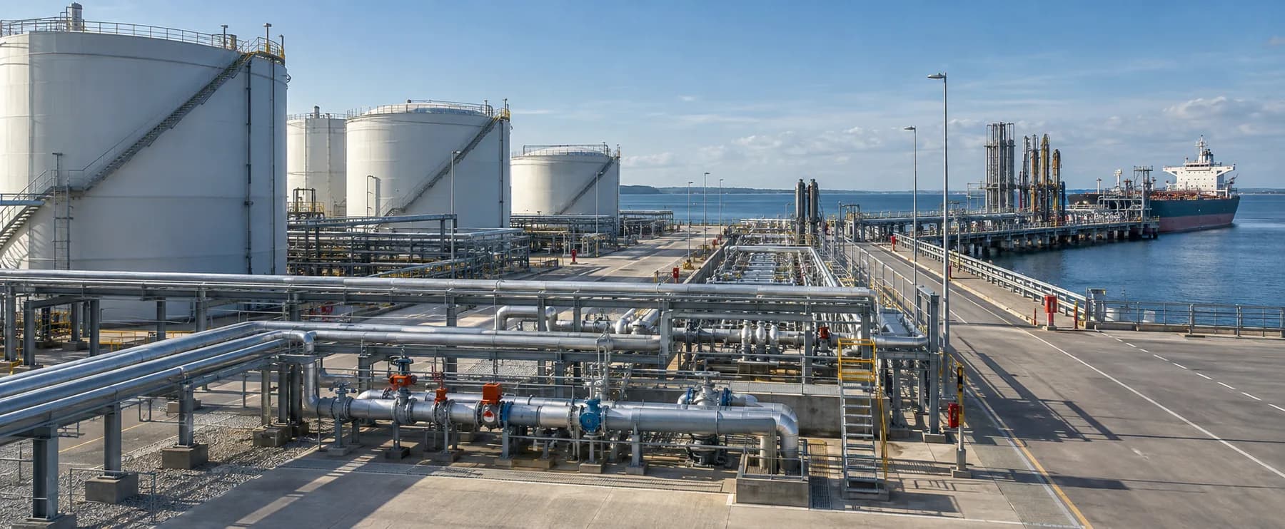 Petroleum storage tanks, pipework, and a marine loading berth